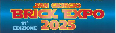 scritta rossa bordata di giallo, su fondo blu metallizato recante il seguente testo "San Giorgio Brick Expo 2025 11^ edizione"