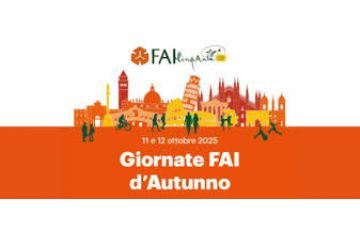 Locandina promozionale delle "Giornate FAI d’Autunno", in programma per l’11 e 12 ottobre 2025. Nella parte superiore è presente il logo del FAI (Fondo per l’Ambiente Italiano) con la scritta “FAI per ambiente”, accompagnata da un sole stilizzato. Sullo sfondo si vede una colorata illustrazione di monumenti iconici italiani (come la Torre di Pisa, il Colosseo, il Duomo di Milano e altri), disposti in un collage orizzontale che rappresenta idealmente l’Italia. Al centro, in bianco su sfondo arancione, il testo: “11 e 12 ottobre 2025 – Giornate FAI d’Autunno”.