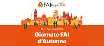 Locandina promozionale delle "Giornate FAI d’Autunno", in programma per l’11 e 12 ottobre 2025. Nella parte superiore è presente il logo del FAI (Fondo per l’Ambiente Italiano) con la scritta “FAI per ambiente”, accompagnata da un sole stilizzato. Sullo sfondo si vede una colorata illustrazione di monumenti iconici italiani (come la Torre di Pisa, il Colosseo, il Duomo di Milano e altri), disposti in un collage orizzontale che rappresenta idealmente l’Italia. Al centro, in bianco su sfondo arancione, il testo: “11 e 12 ottobre 2025 – Giornate FAI d’Autunno”.