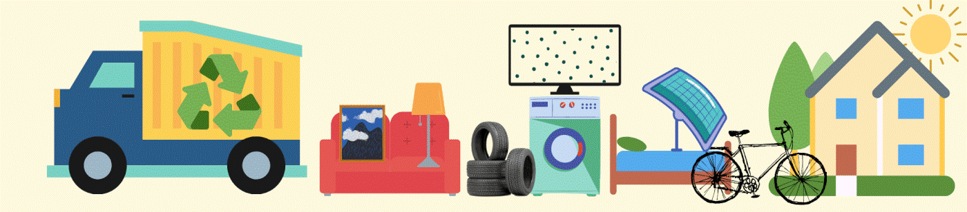 Illustrazione orizzontale in stile grafico e colori pastello sul tema della sostenibilità e del riciclo.

Da sinistra a destra si vedono: un camion giallo e blu con il simbolo del riciclo sul cassone; un divano rosso con sopra un quadro appoggiato e una lampada da terra accanto; una pila di pneumatici neri; una lavatrice verde con un cestello colorato; uno schermo o pannello rettangolare con puntini; un pannello solare inclinato su supporto; una bicicletta nera; una casa con tetto grigio, finestre blu, porta rossa e sole che splende in alto a destra.

L’immagine rappresenta la raccolta e il riuso di oggetti domestici, il riciclo dei rifiuti e l’uso di energie rinnovabili in ambito domestico.