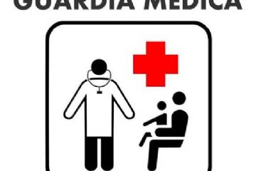 cartello con immagine stilizzata di un medico, con camice e stetoscopio, posto in piedi di fronte alla figura di un uomo seduto, con in braccio un bambino. in alto nel riquadro su sfondo bianco si trova una croce di colore rosso