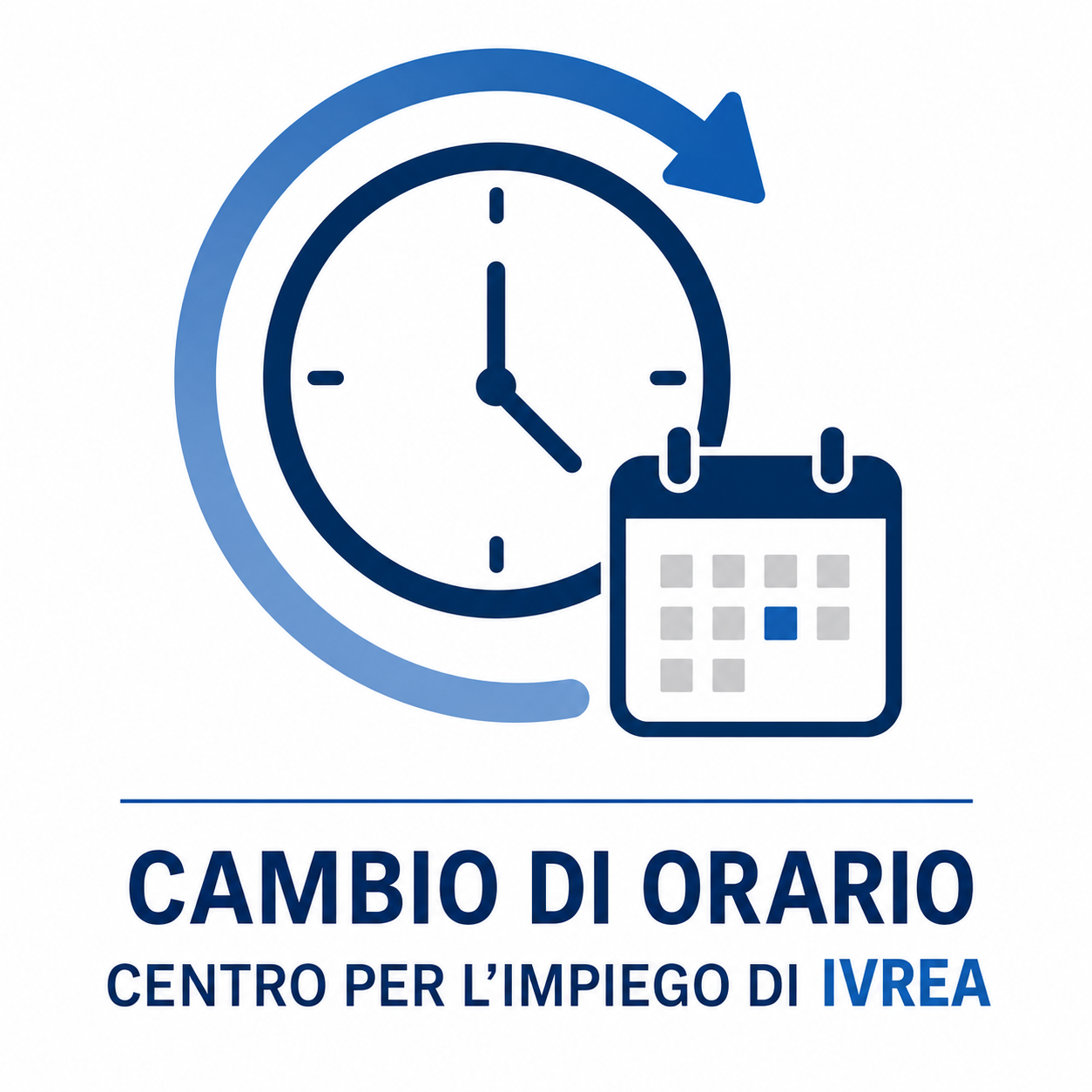 icona con orologio, freccia circolare e calendario, a indicare una modifica dell’orario del Centro per l’Impiego di Ivrea.